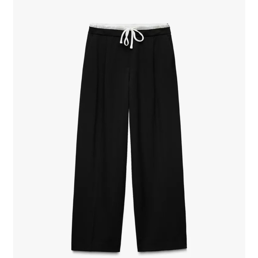 Zara Black Wide-Leg Pants with White Drawstring